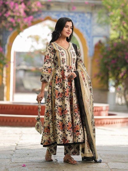 Dhiyona RR Women's Floral Printed Regular Pure Cotton Kurta with Trousers & Dupatta