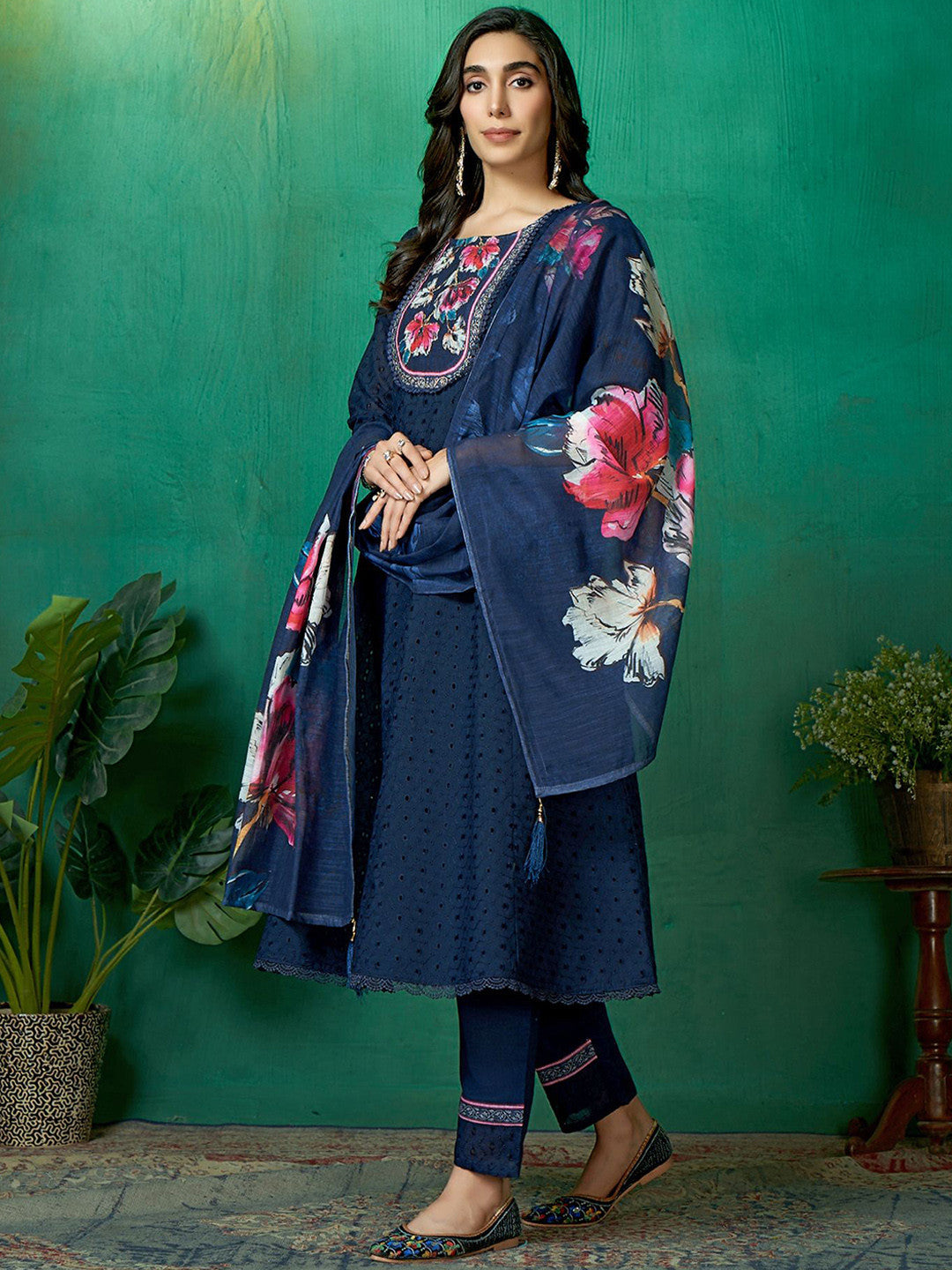 Embroidered Pure Cotton Round Neck Kurta Trouser & Dupatta