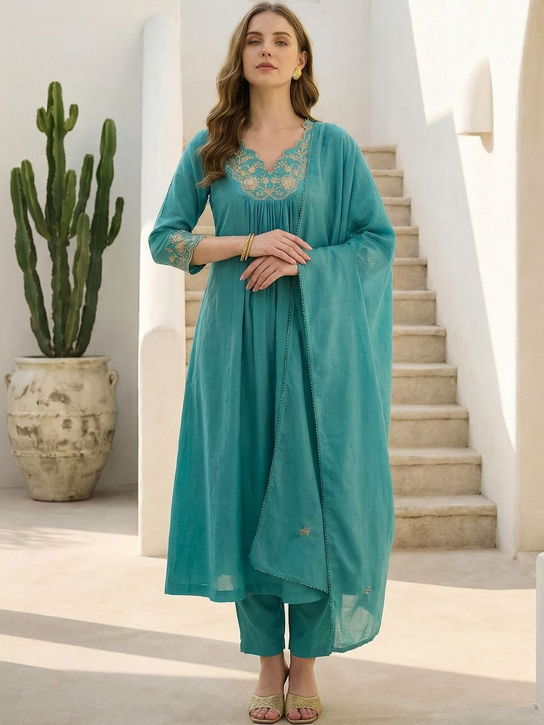 Women Ethnic Motifs Embroidered Pleated Thread Work Pure Cotton Kurta with Trousers & With Dupatta