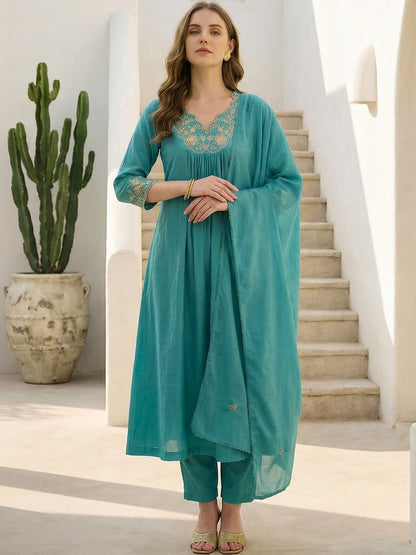 Women Ethnic Motifs Embroidered Pleated Thread Work Pure Cotton Kurta with Trousers & With Dupatta