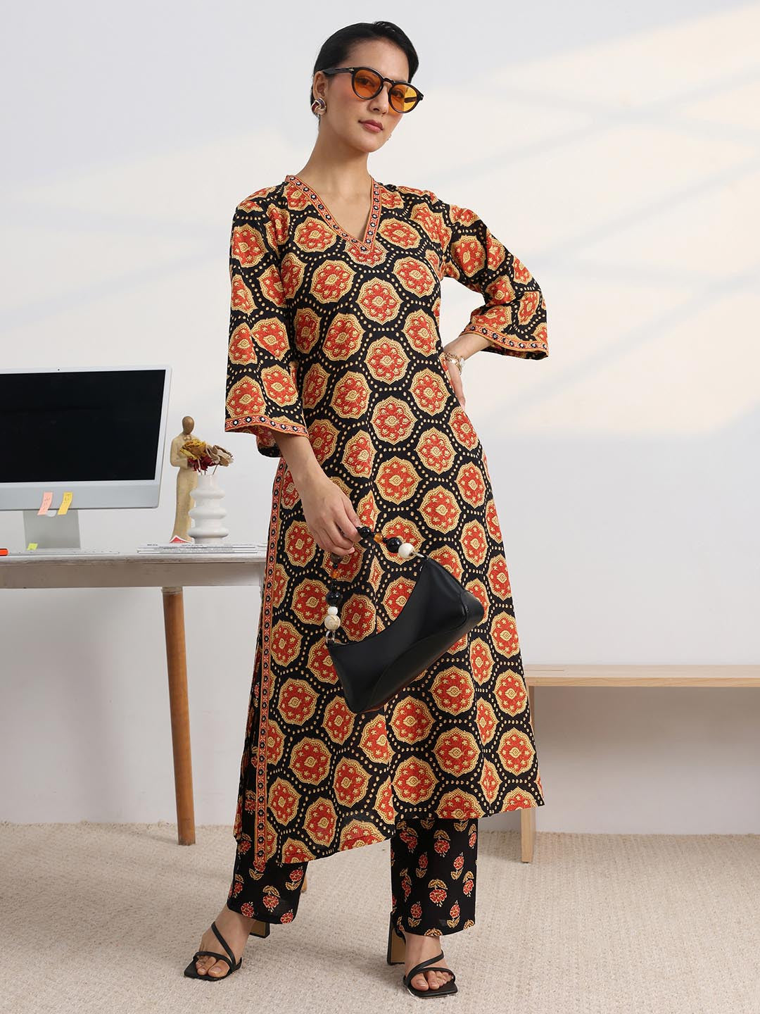 Libas Black Ajrakh Print A-Line Kurta Set