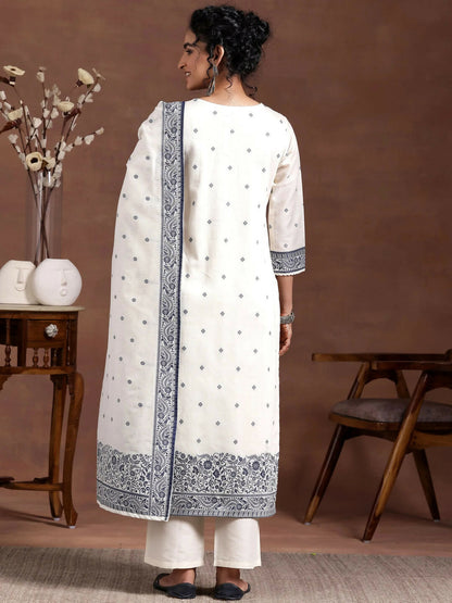 Women's LB Off White Woven Design Chanderi Silk Straight Suit With Dupatta