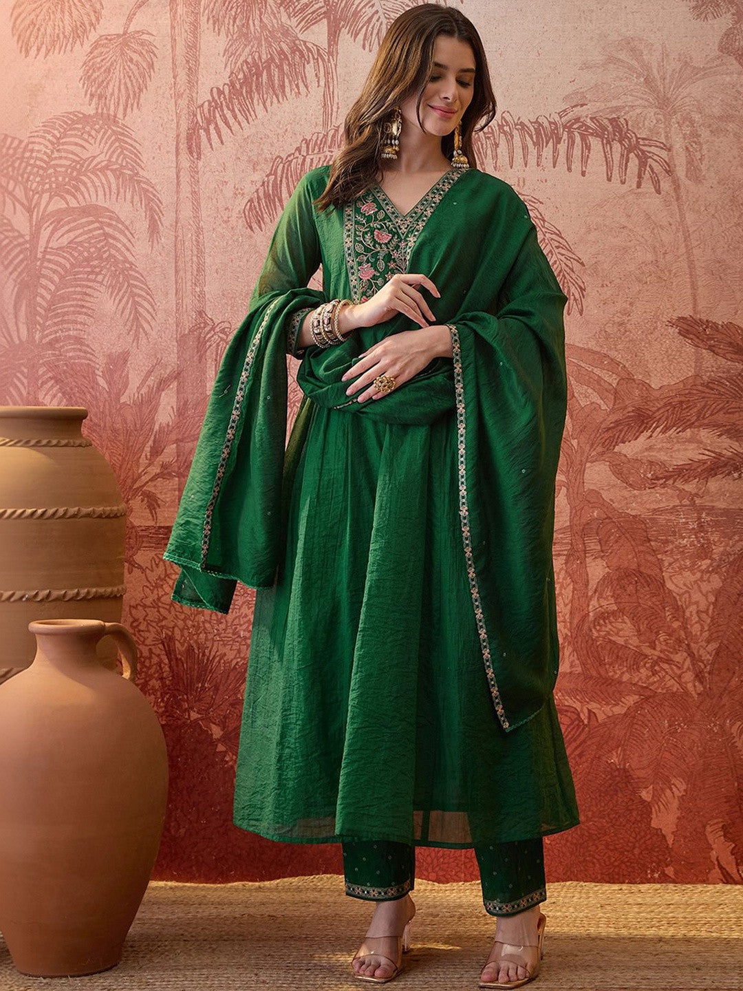 Embroidered V-Neck Kurta & Trousers Kurta Set