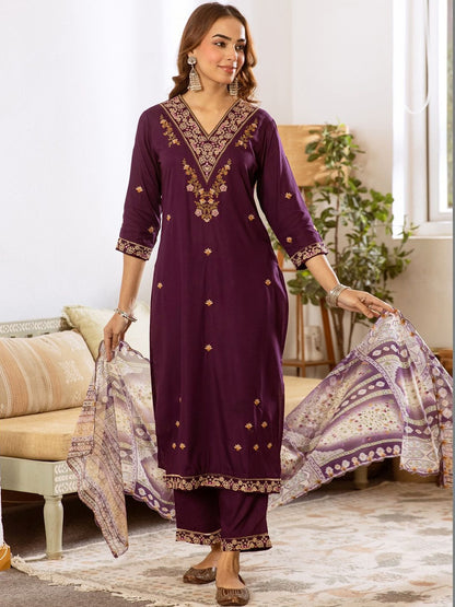 Women Ethnic Motifs Embroidered Regular Thread Work Kurta with Trousers & With Dupatta