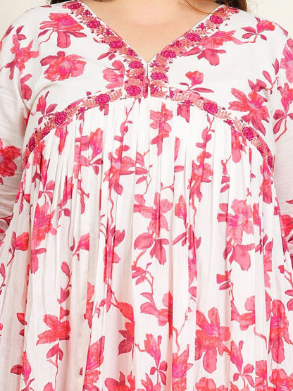 Dhiyona KL Floral Printed V-Neck Empire Pure Cotton Kurta With Trousers & Dupatta