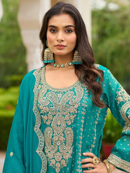 Dhiyona IE Women Ethnic Motifs Embroidered Regular Thread Work Kurta with Sharara & With Dupatta