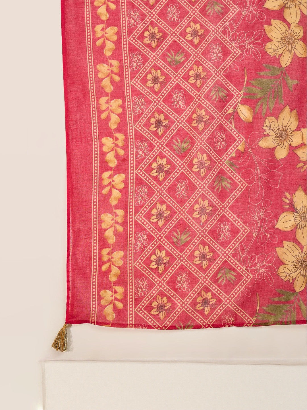 Women Printed Angrakha Thread Work Pure Cotton Kurta with Trousers & Dupatta