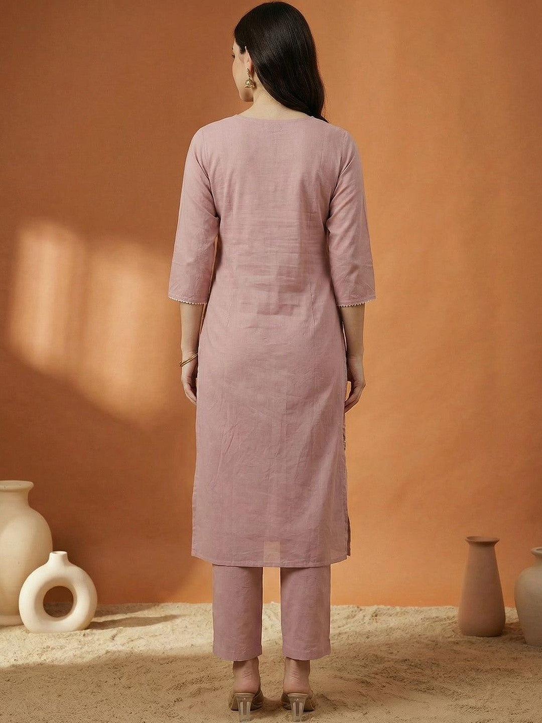 Pink Embroidered Straight Kurta Trousers Dupatta Set Kurta Sets