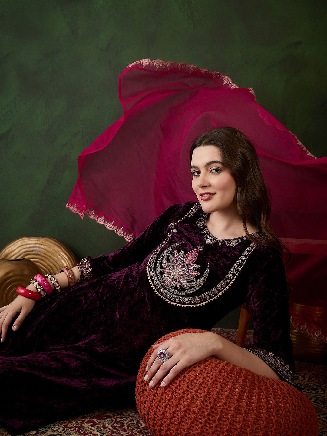 Floral Embroidered Sequinned Velvet Kurta with Trouser & Dupatta