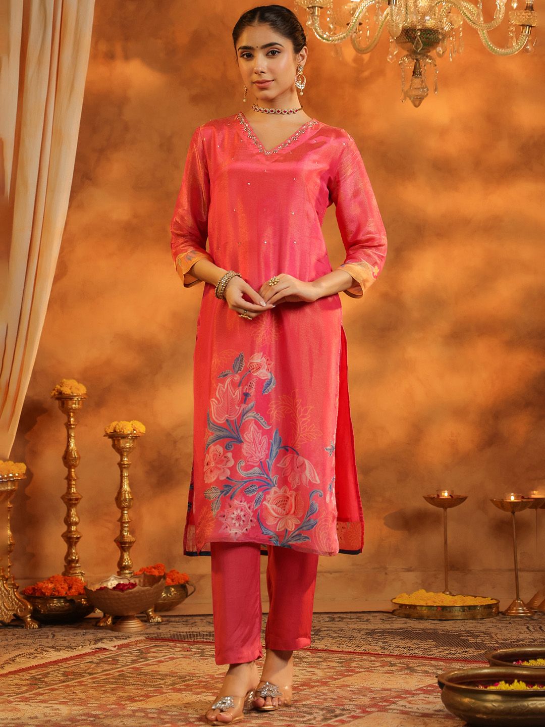 Dhiyona RR Women's Ethnic Motifs Printed Straight Sequinned Kurta with Trousers & With Dupatta