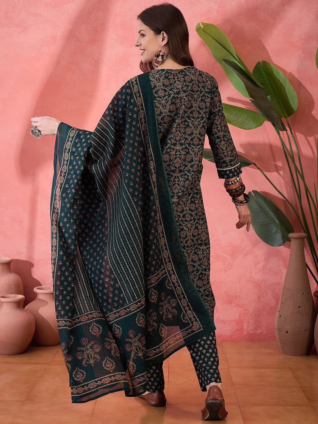 Floral Printed V-Neck Pure Cotton Straight Kurta With Trouser And Dupatta
