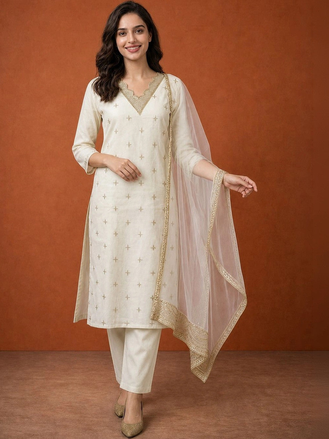 Women Ethnic Motifs Embroidered Regular Kurta with Trousers & With Dupatta