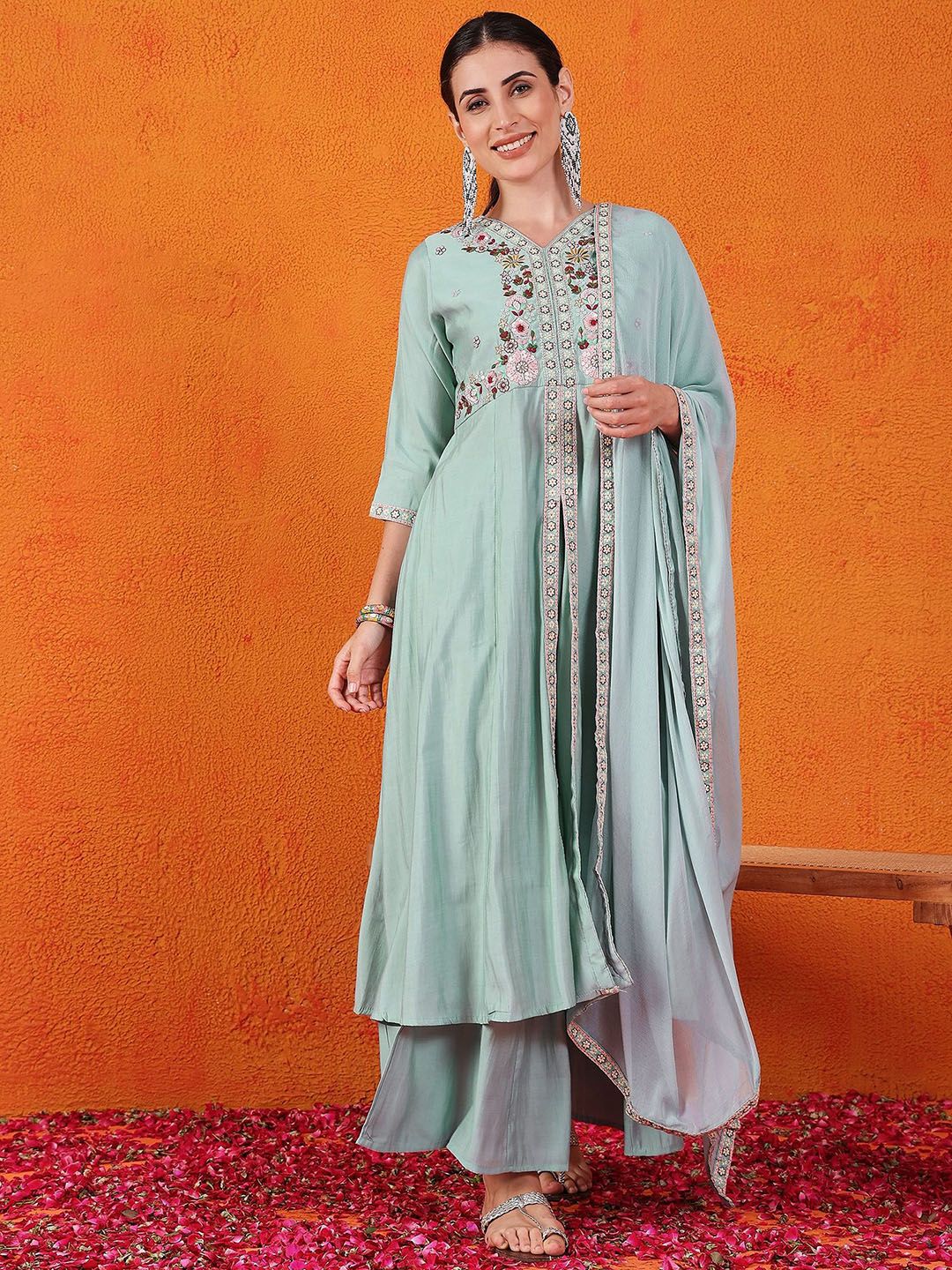 Dhiyona SN Embroidered V-Neck Kurta, Palazzo & Dupatta Set