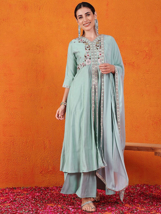 Dhiyona SN Embroidered V-Neck Kurta, Palazzo & Dupatta Set