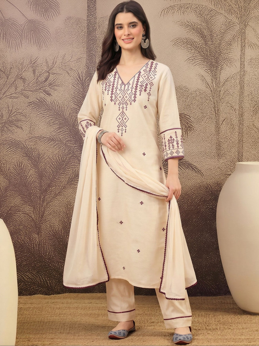 Women Ethnic Motifs Embroidered Regular Pure Cotton Kurta with Trousers & With Dupatta