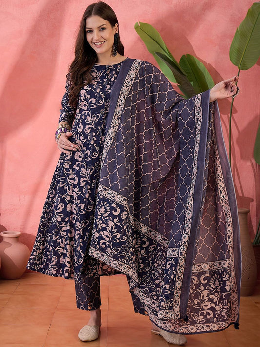 Dhiyona SN Women's Floral Printed Pure Cotton Anarkali Kurta With Trouser And Dupatta