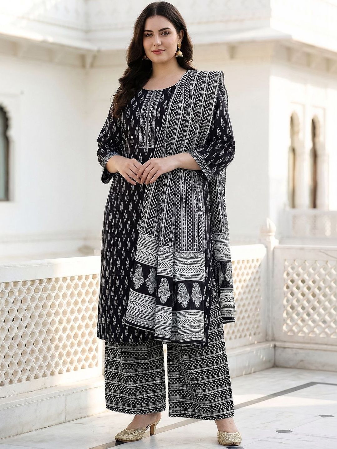 Dhiyona Women's Ethnic Motifs Printed Mirror Work Pure Cotton Kurta with Palazzos & With Dupatta