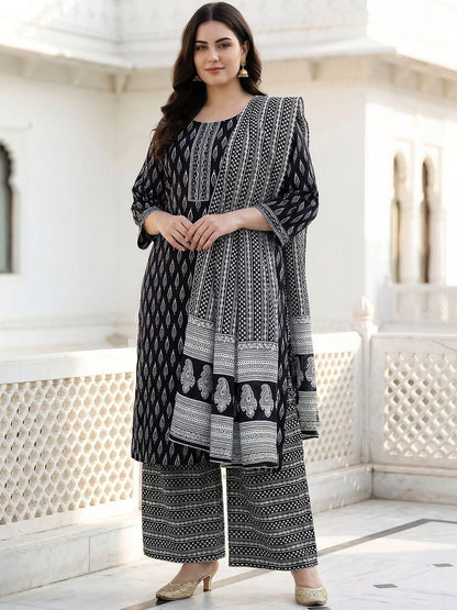 Dhiyona Women's Ethnic Motifs Printed Mirror Work Pure Cotton Kurta with Palazzos & With Dupatta