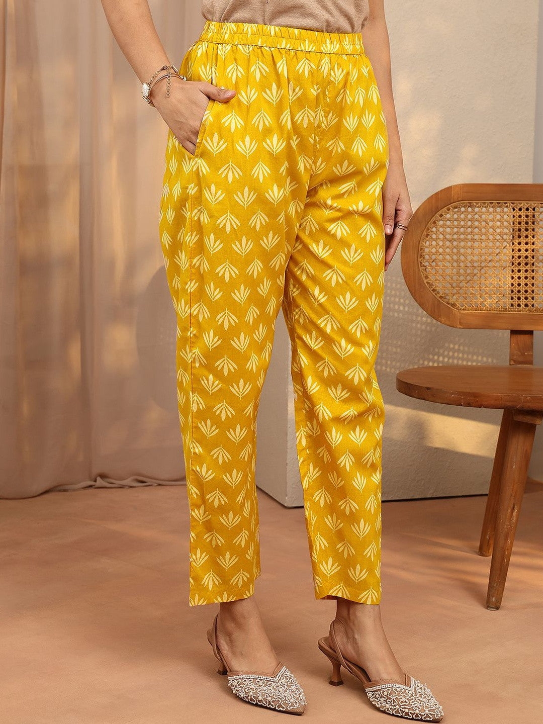 Mustard Floral Printed Cotton Straight Suit Set