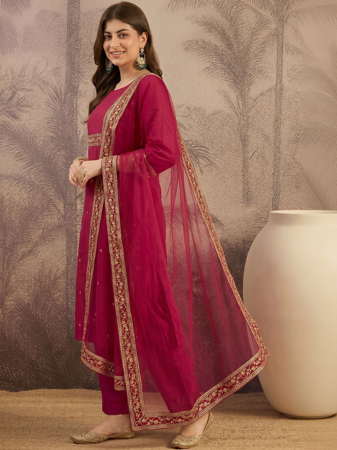 Embroidered Round Neck Kurta & Trousers With Dupatta Set