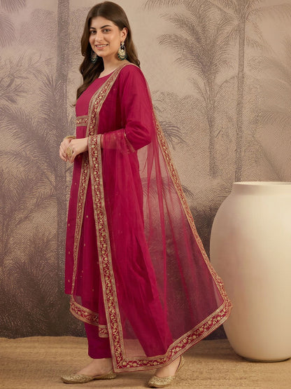 Embroidered Round Neck Kurta & Trousers With Dupatta Set