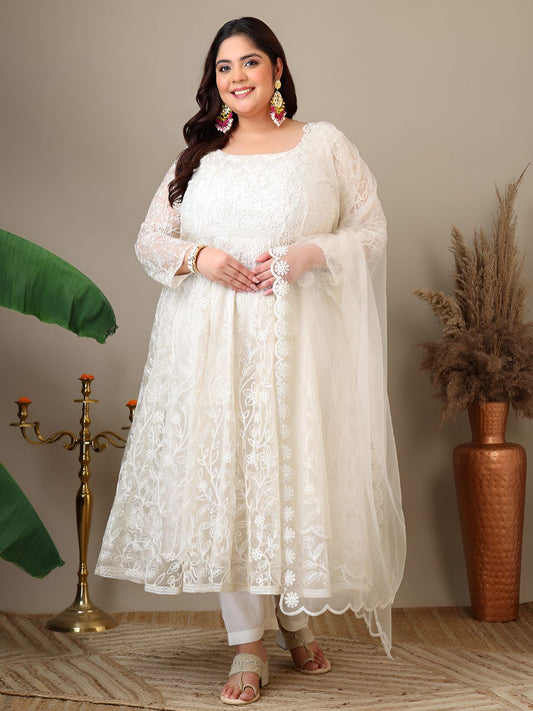 Dhiyona IN Women Floral Embroidered Empire Thread Work Kurta with Trousers & Dupatta