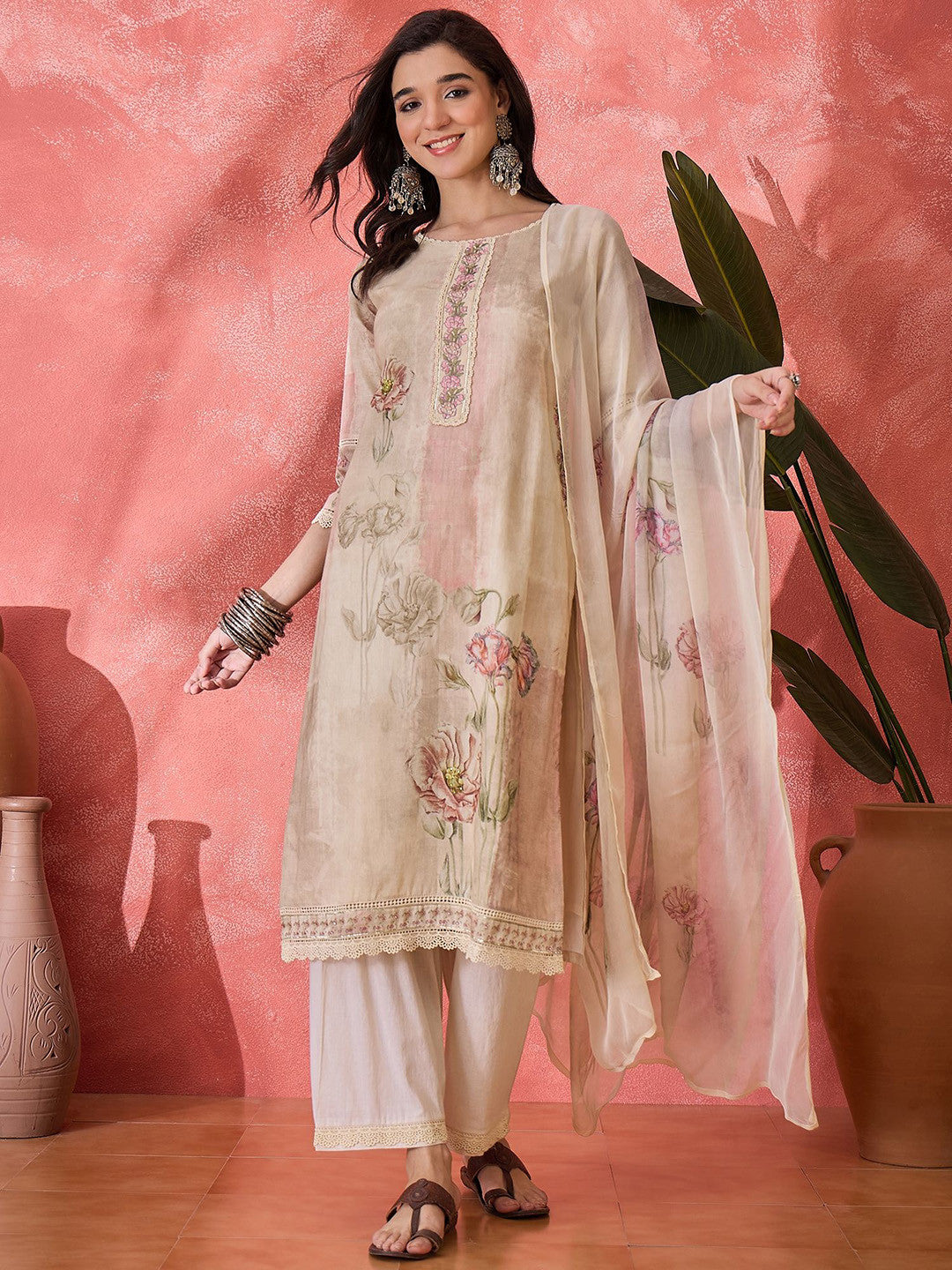 Floral Printed Thread Work Straight Kurta With Trouser & Dupatta