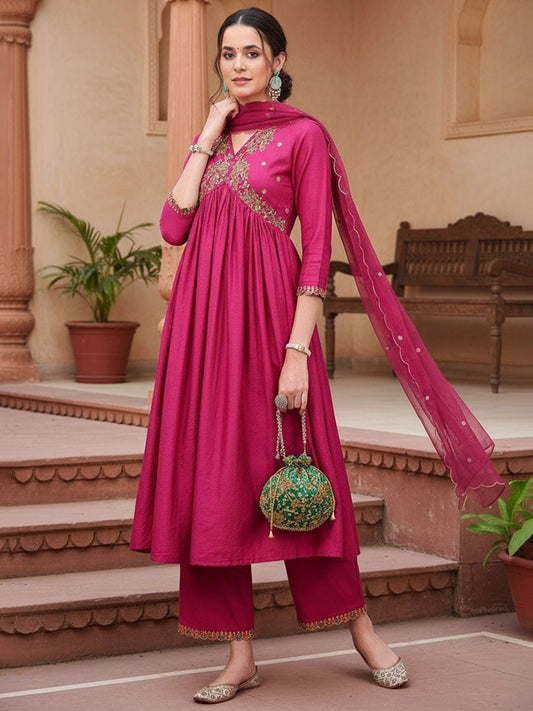 Dhiyona KL Ethnic Motifs Embroidered Empire Thread Work Kurta with Palazzos & Dupatta
