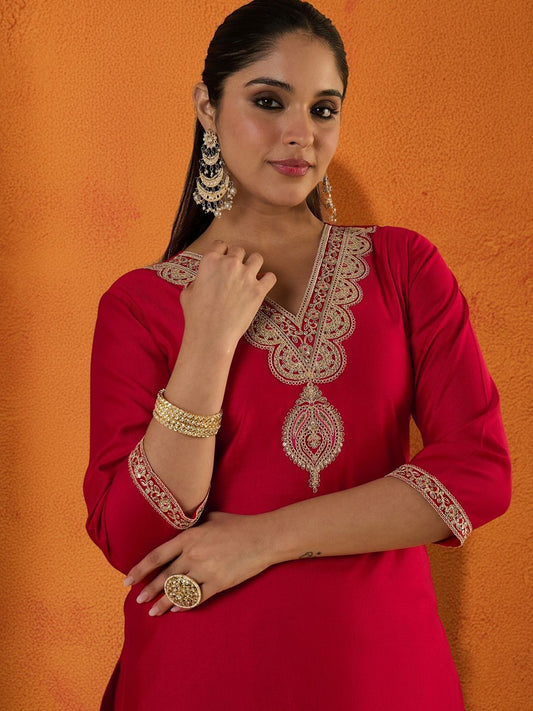 Women Ethnic Motifs Embroidered Regular Thread Work Liva Kurta with Trousers