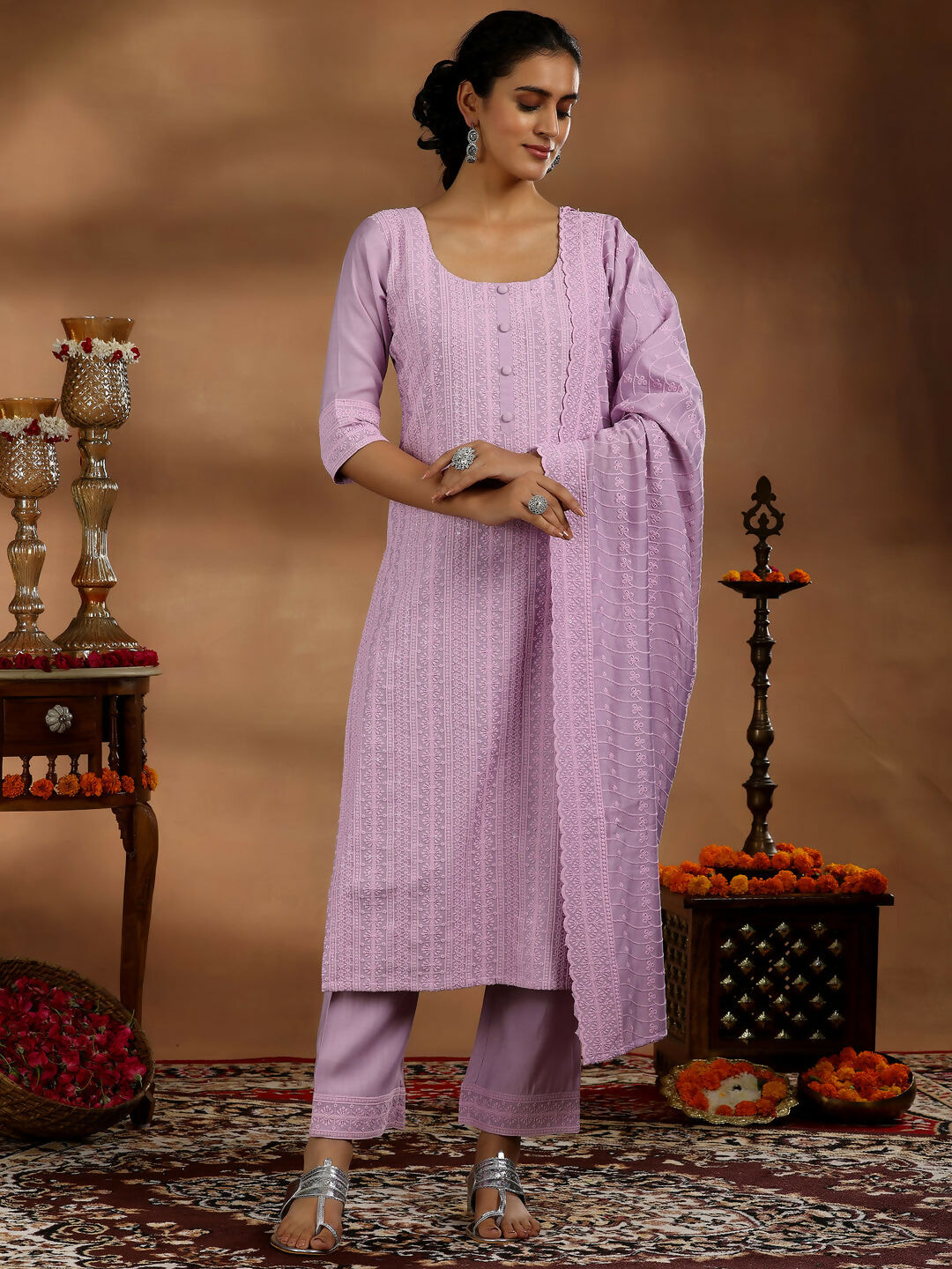 Women's LB Mauve Embroidered Silk Blend Straight Suit With Dupatta