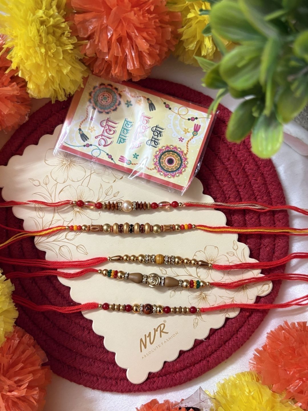 Dhiyona Set Of 5 Multicolor Designer Thread Rakhi With Roli Chawal Chandan Mishri