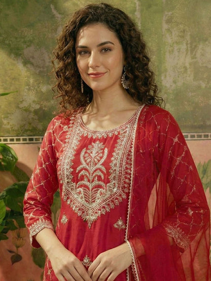 Dhiyona SN Embroidered Round Neck Straight Kurta & Palazzos With Dupatta