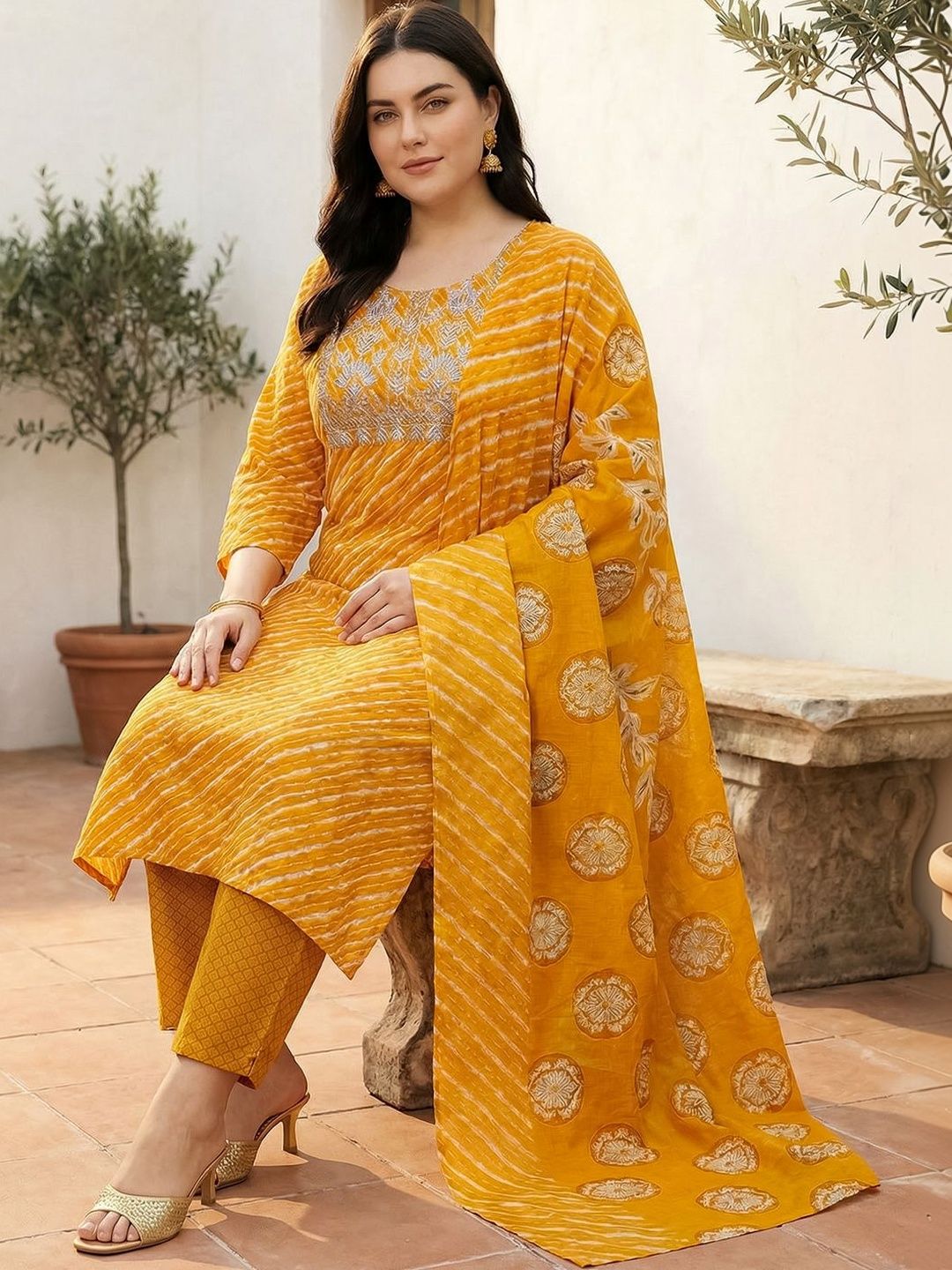 Dhiyona Women's Ethnic Motifs Striped Regular Thread Work Pure Cotton Kurta with Trousers & With Dupatta