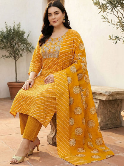 Dhiyona Women's Ethnic Motifs Striped Regular Thread Work Pure Cotton Kurta with Trousers & With Dupatta