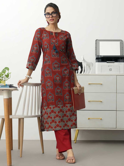 Women Ethnic Motifs Printed Regular Cotton Blend Kurta with Trousers