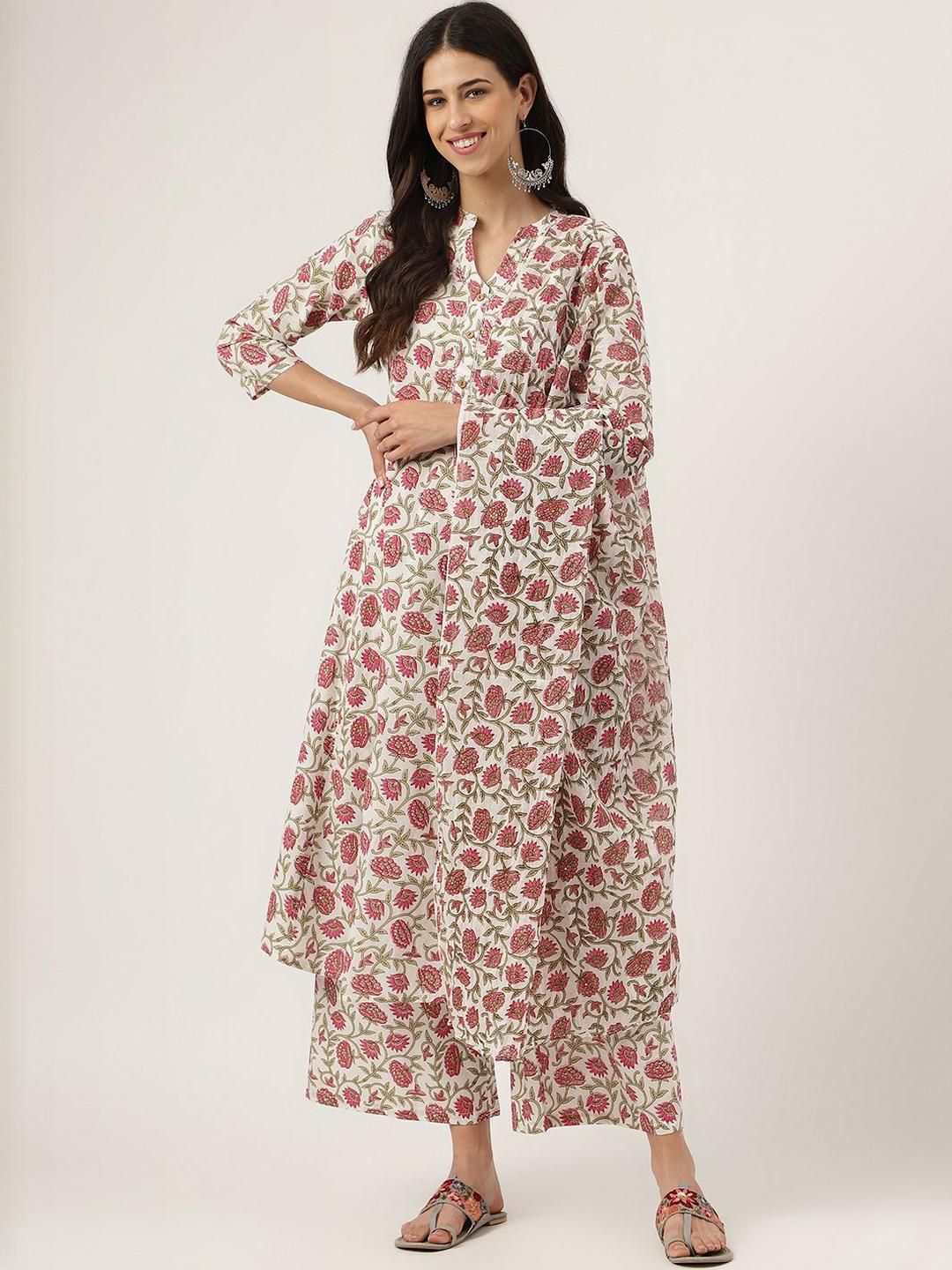 Dhiyona KL Women Floral Printed Regular Pure Cotton Kurta with Palazzos & With Dupatta