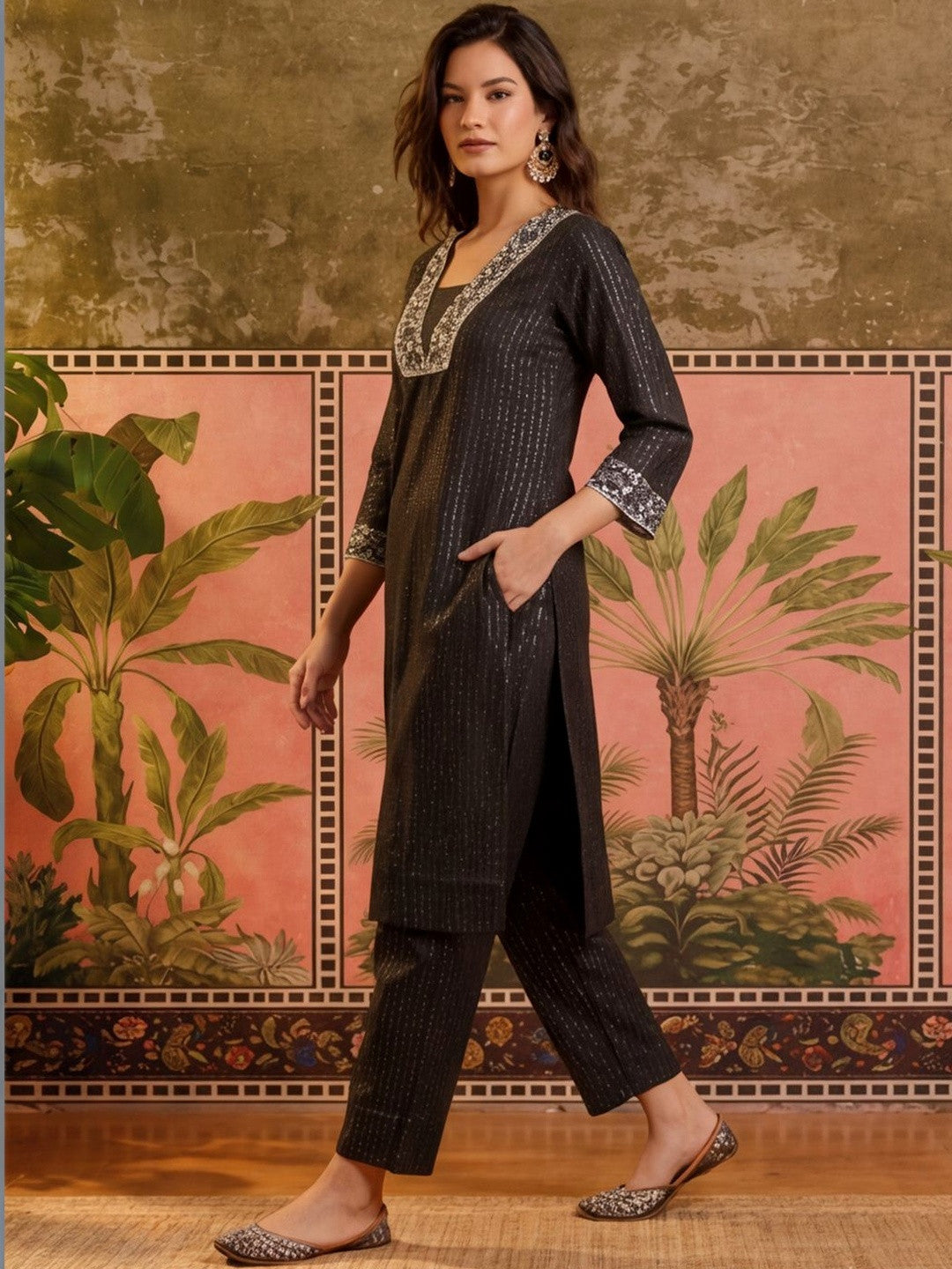 Embroidered Pure Cotton V-Neck Kurta & Trousers