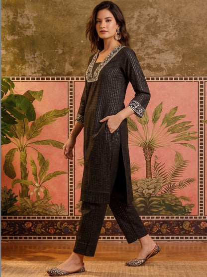 Embroidered Pure Cotton V-Neck Kurta & Trousers