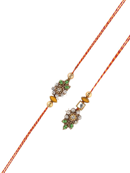 Dhiyona Kundan Studded Floral Bhaiya Bhabhi Thread Rakhi With Roli Chawal & Greetings Card