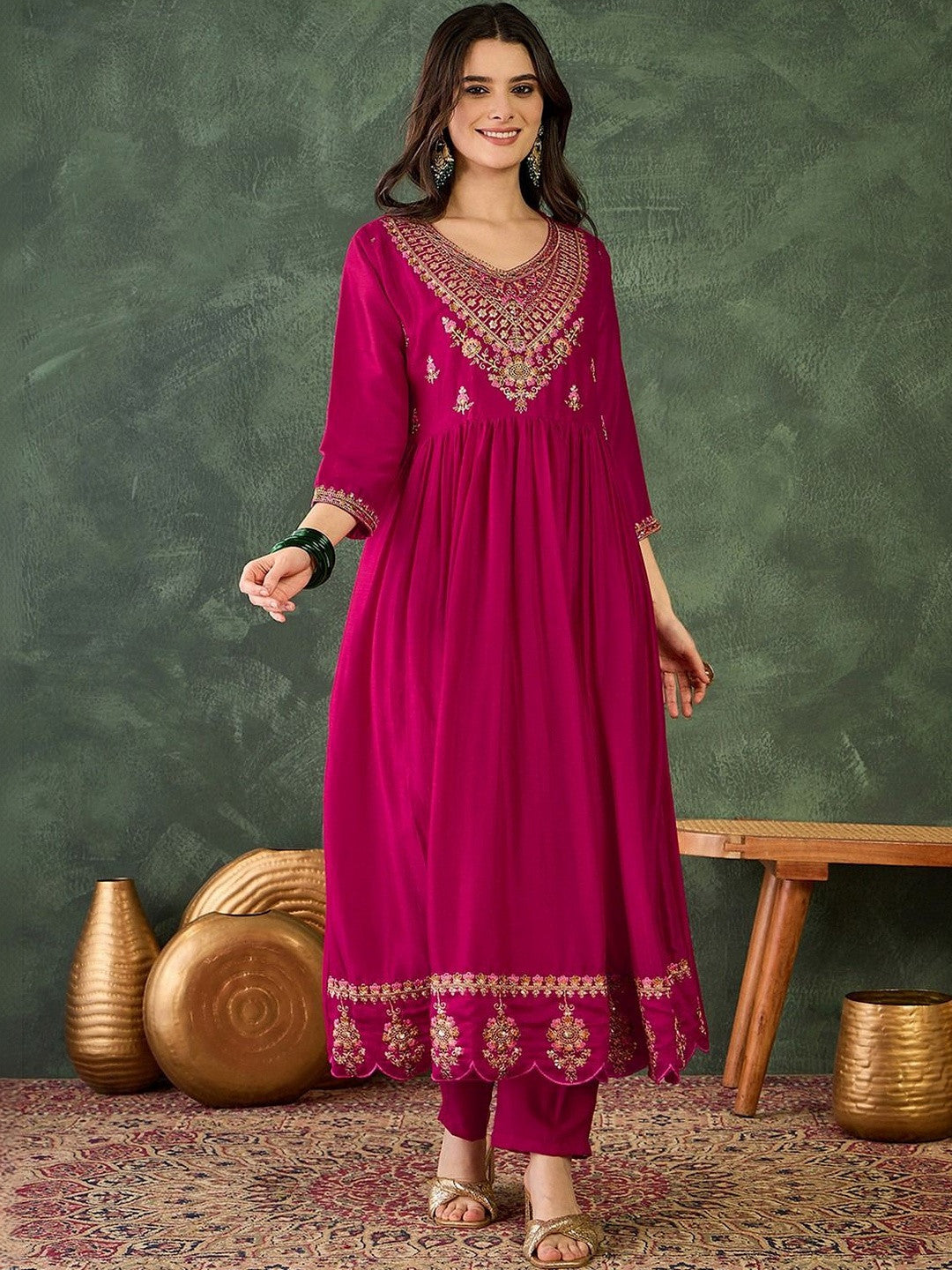 Embroidered V-Neck Kurta Trousers & Dupatta
