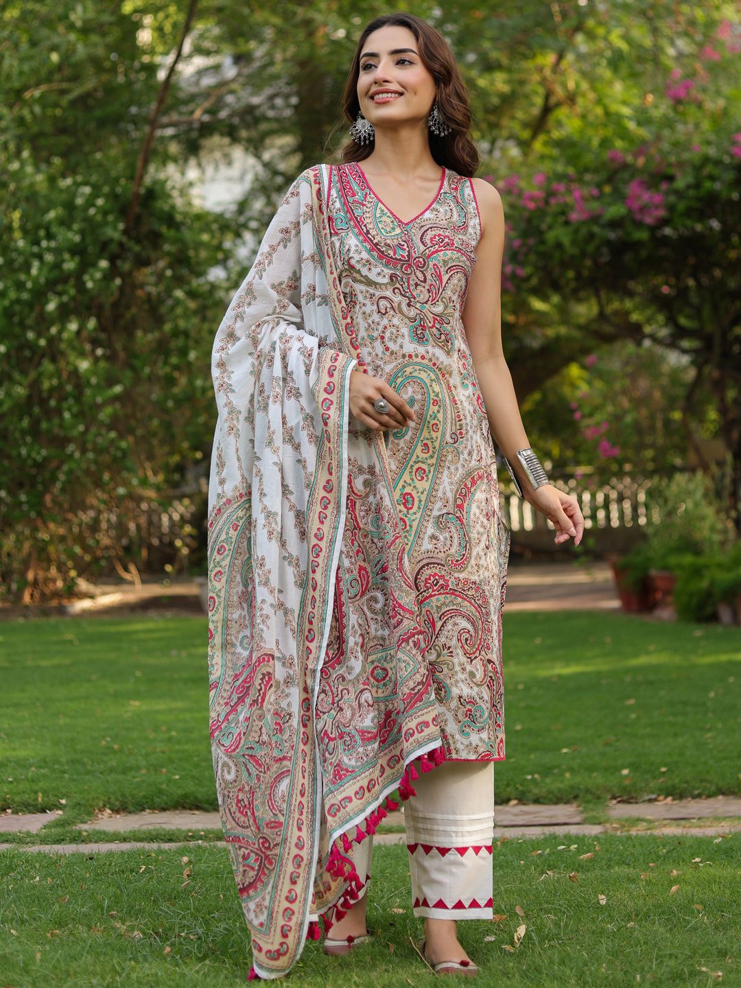 Dhiyona RR Women's Ethnic Printed Regular Pure Cotton Kurta With Trousers & Dupatta