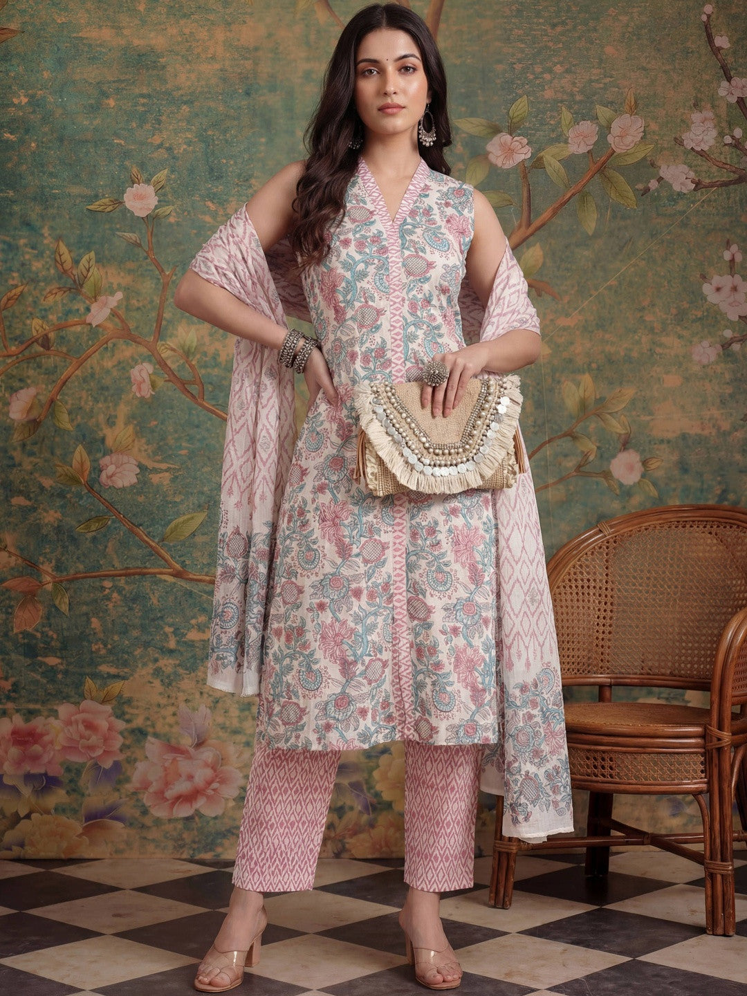 Printed Pure Cotton V-Neck Kurta & Trousers With Dupatta