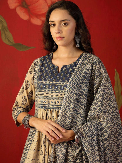 Women Paisley Printed Empire Mirror Work Pure Cotton Kurta with Trousers & With Dupatta