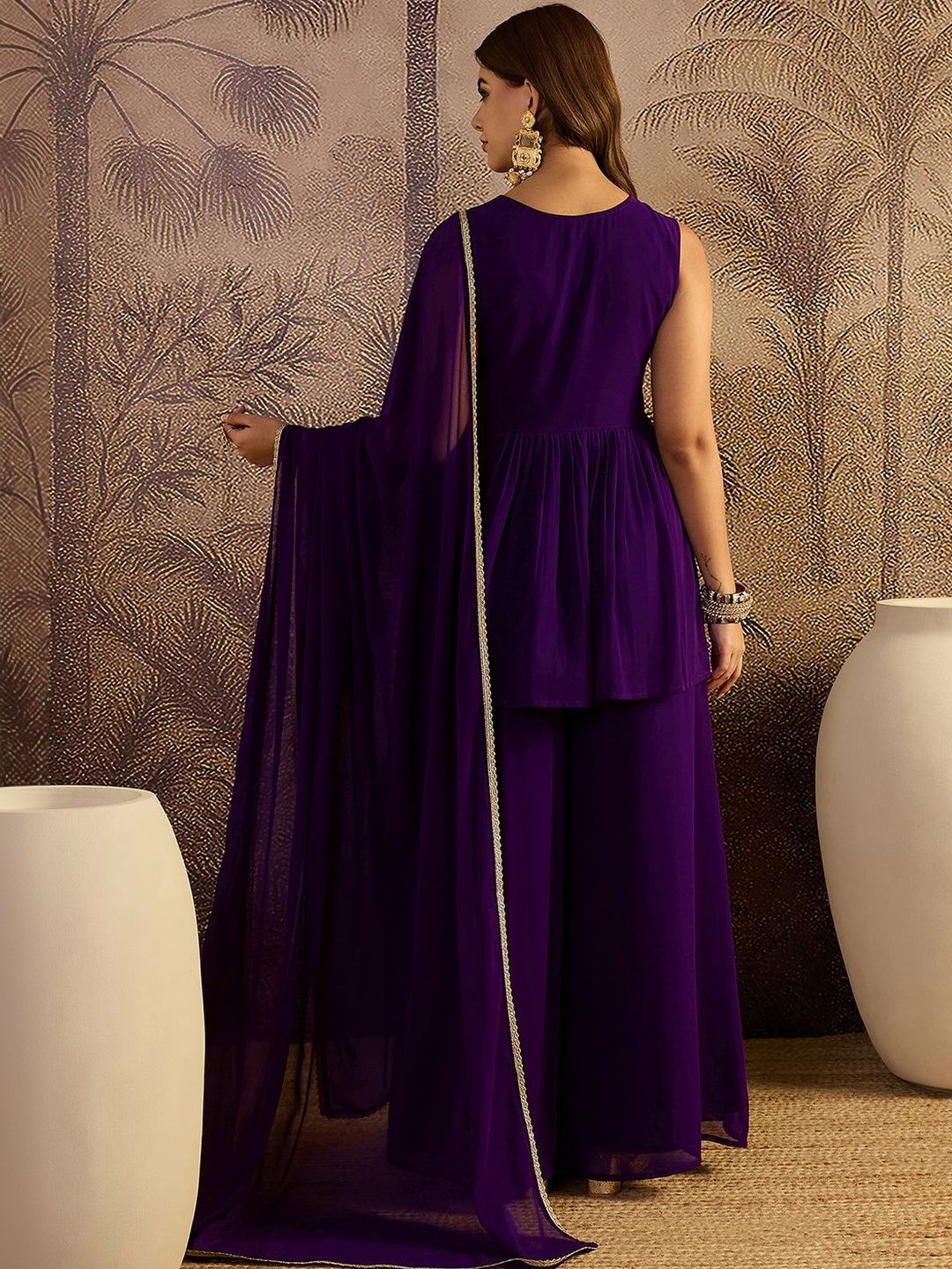 Dhiyona SN Embroidered V-Neck A-Line Kurti & Palazzos With Dupatta