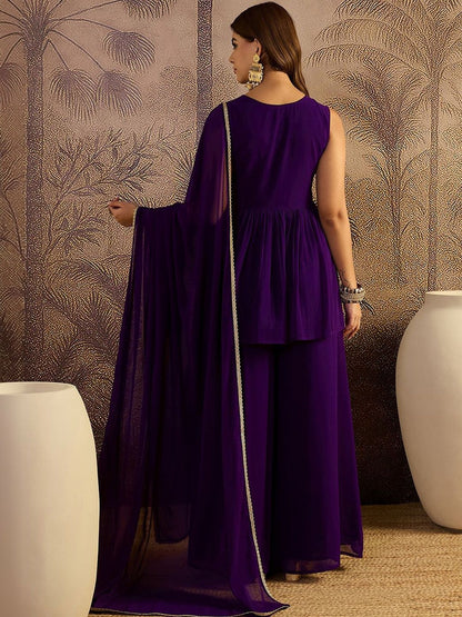 Dhiyona SN Embroidered V-Neck A-Line Kurti & Palazzos With Dupatta