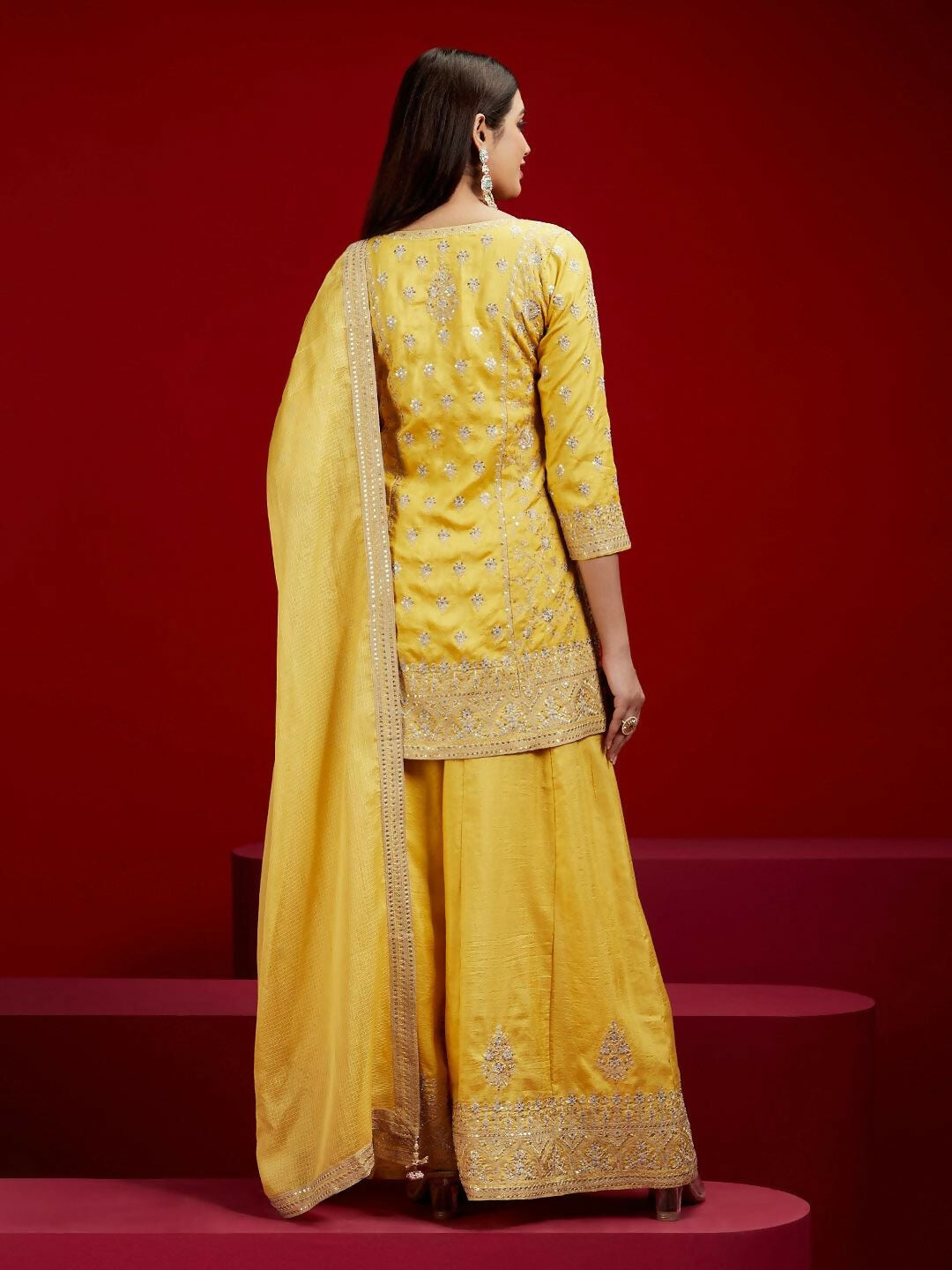 Women's LB Art Yellow Embroidered Silk Straight Suit With Dupatta