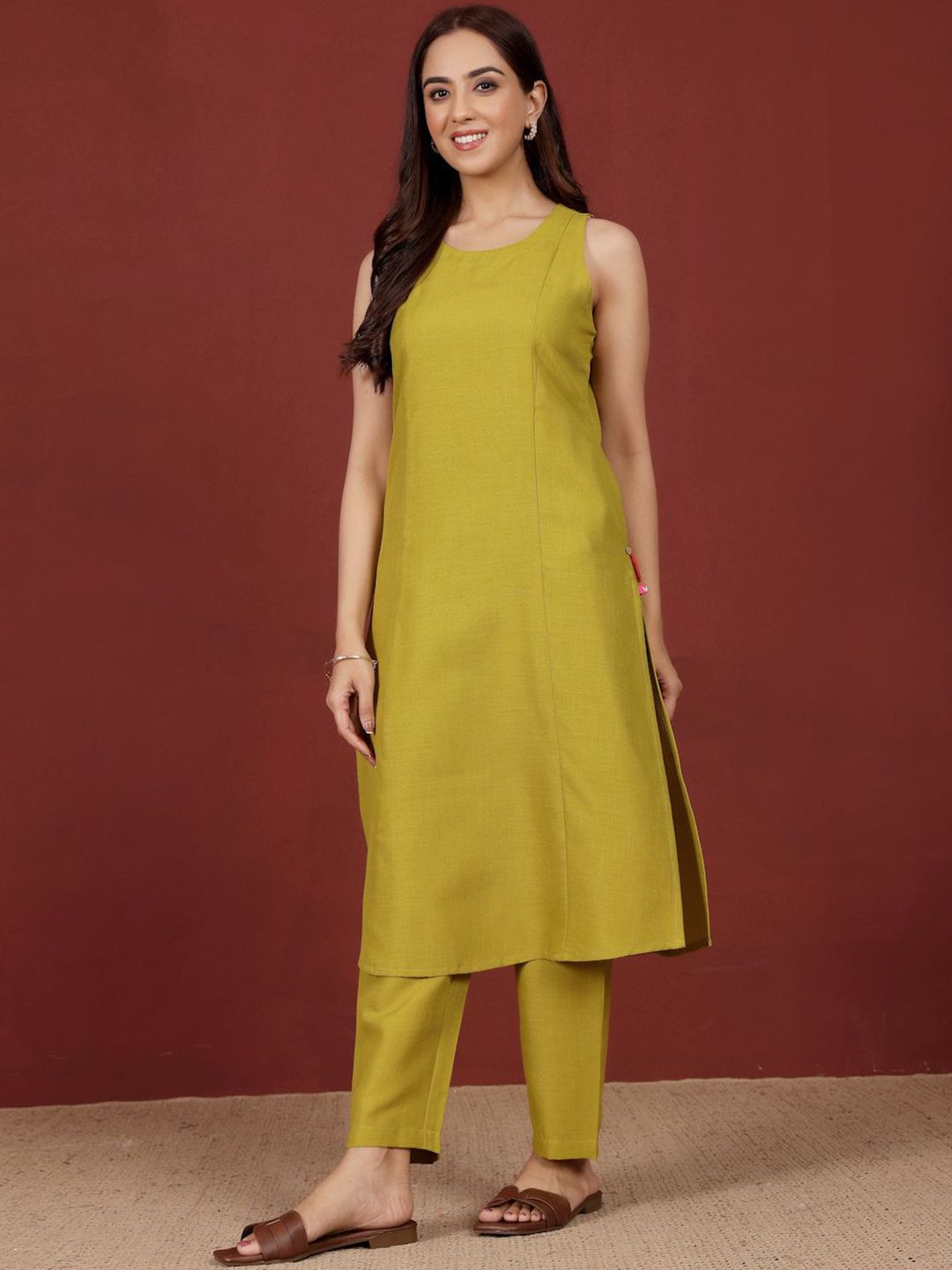 Lime Green Round Neck Straight Kurta With Trousers