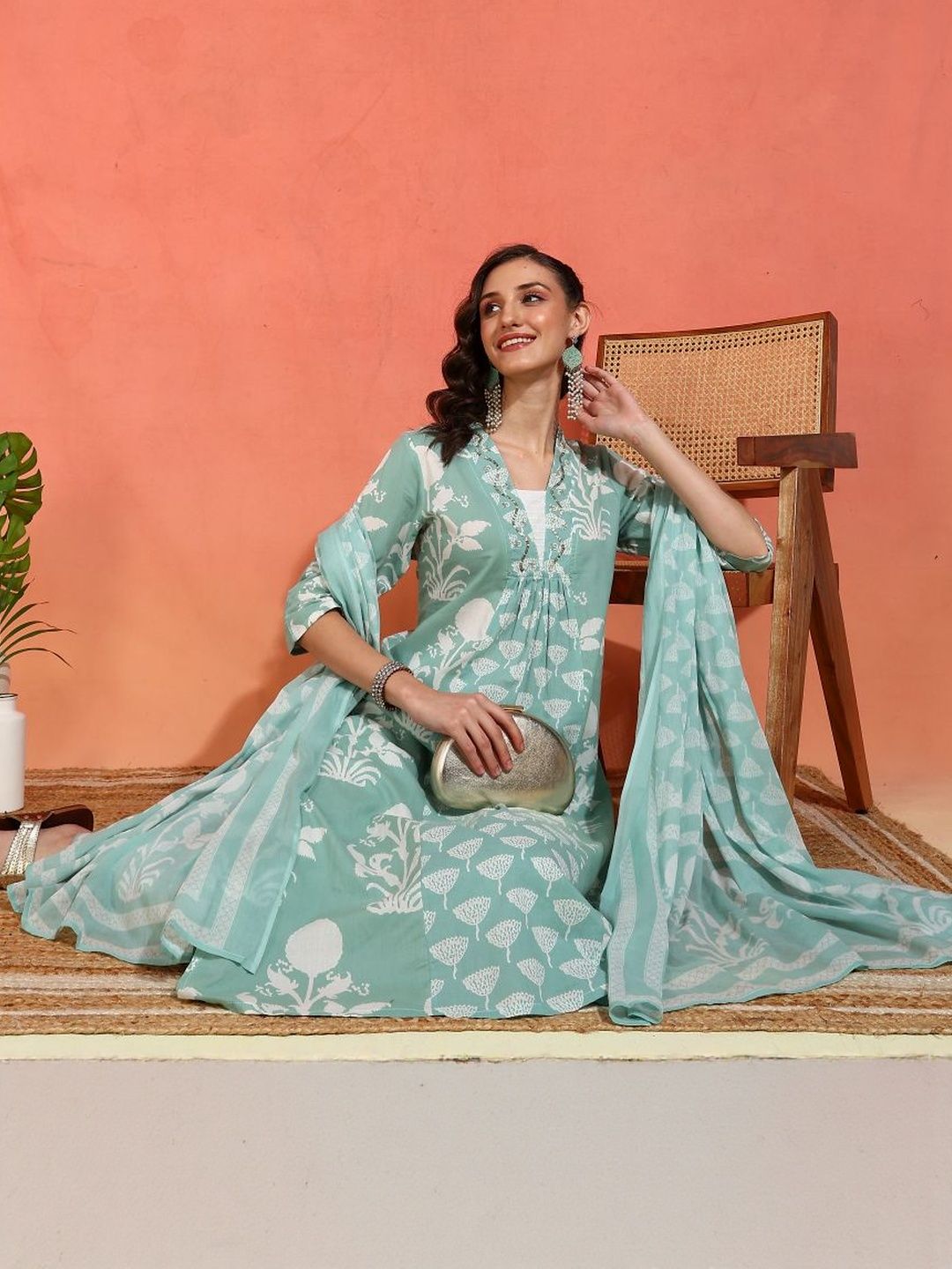 Dhiyona KL Motifs Printed Thread Work Pure Cotton Anarkali Kurta With Trousers & Dupatta