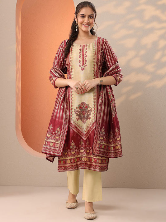 Ethnic Motifs Printed Round Neck Straight Kurta With Trousers & Dupatta