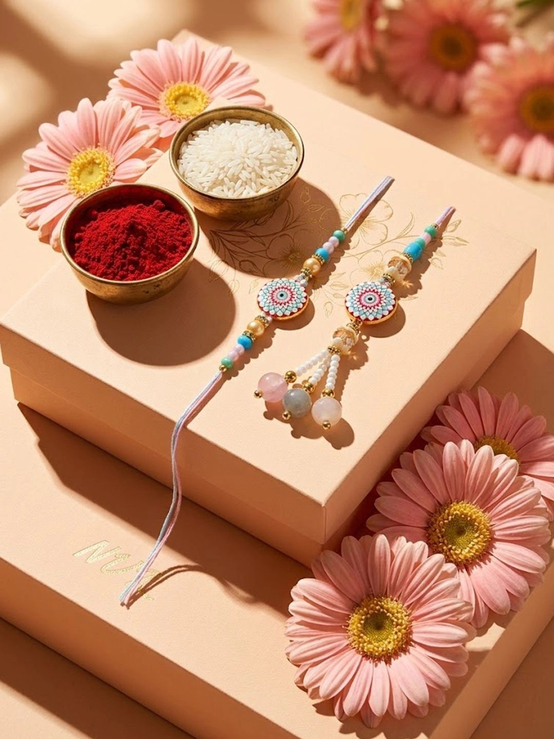Dhiyona Set Of 2 Floral Design Bhaiya Bhabhi Rakhi With Roli Chawal Chandan Mishri